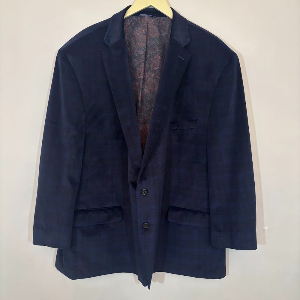 Ralph Lauren Men's 56R Deep Blue Black Plaid Velvet Blazer Lux Smoking Jacket